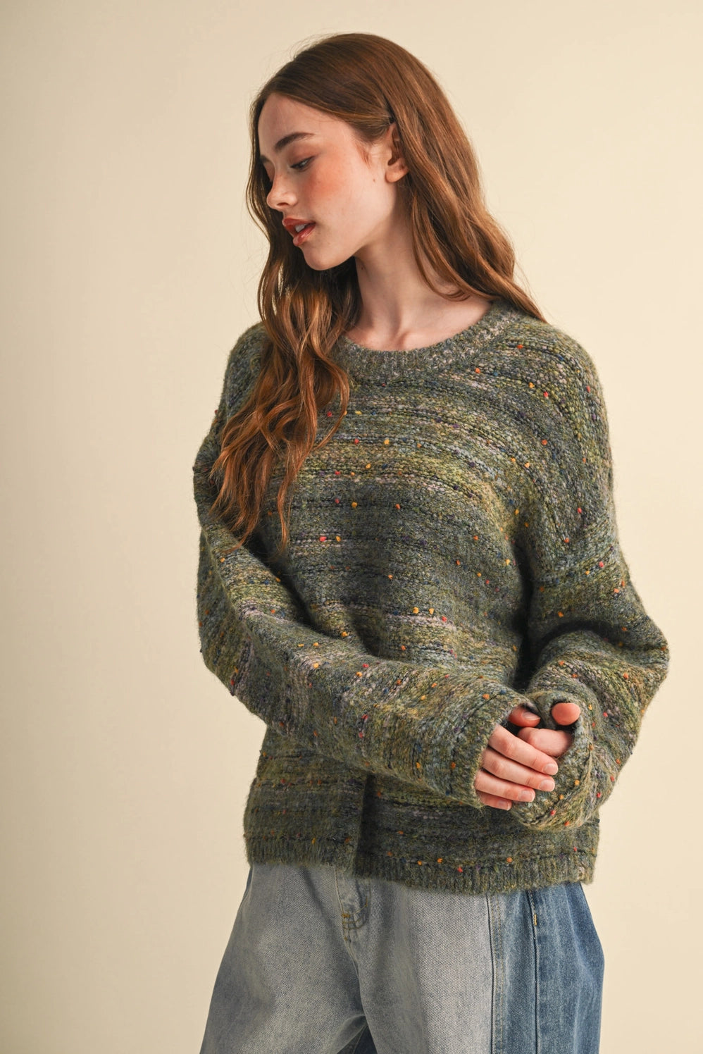 Speckled Knit Striped Sweater Pullover