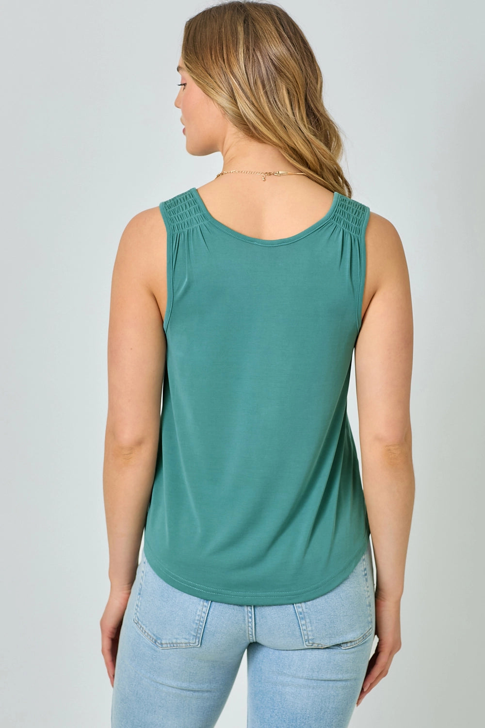 Cupro Modal Smocked Shoulder Tank - Emerald