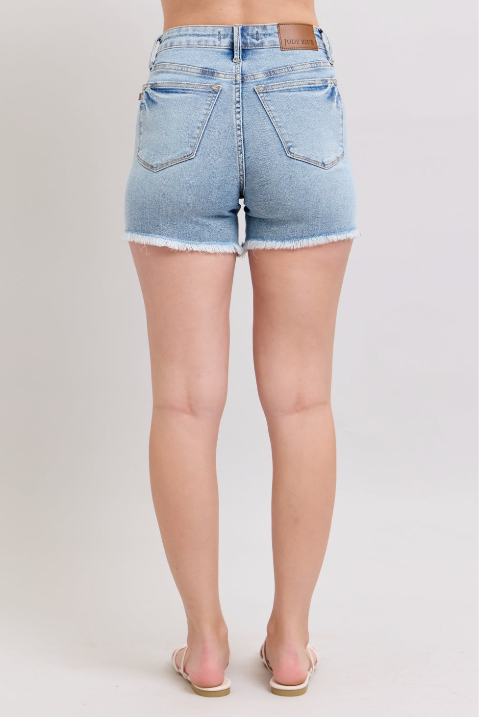 Judy Blue HW Tummy Control Light Destroy & Fray Hem Shorts