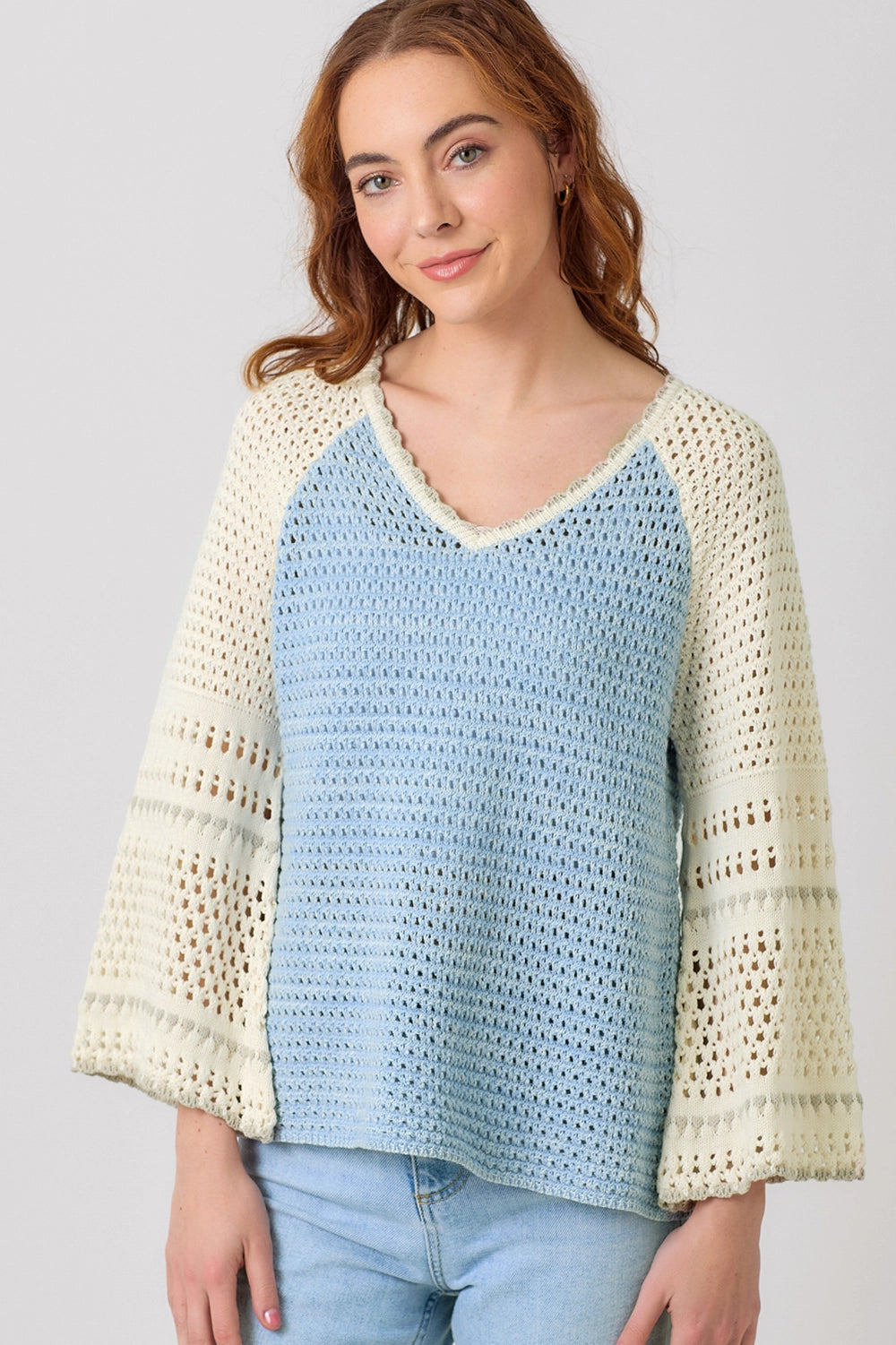 Raglan Sleeve Crochet Sweater - Blue