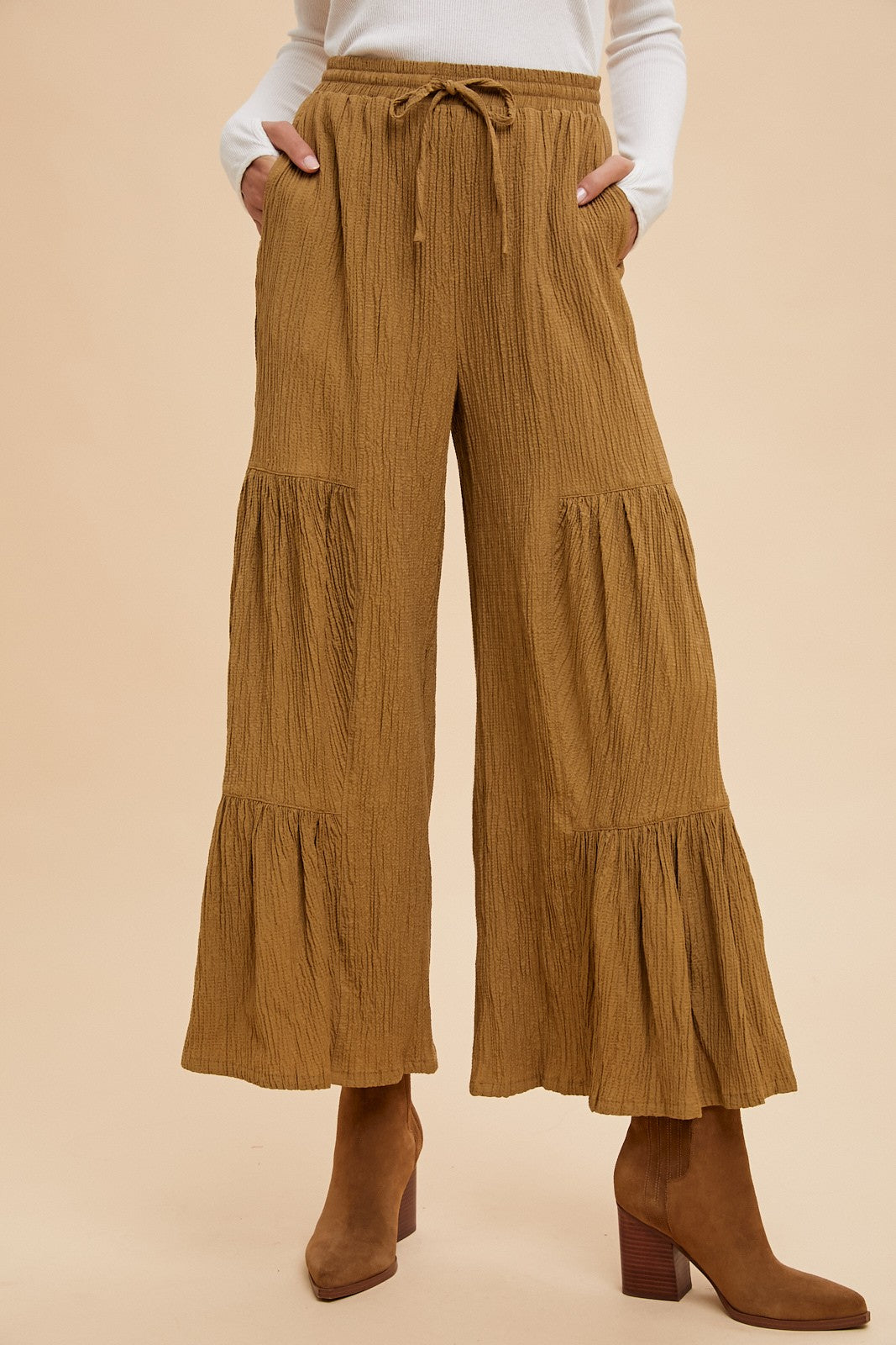 Textured Woven Tiered Detail Wide Pants -Dijon