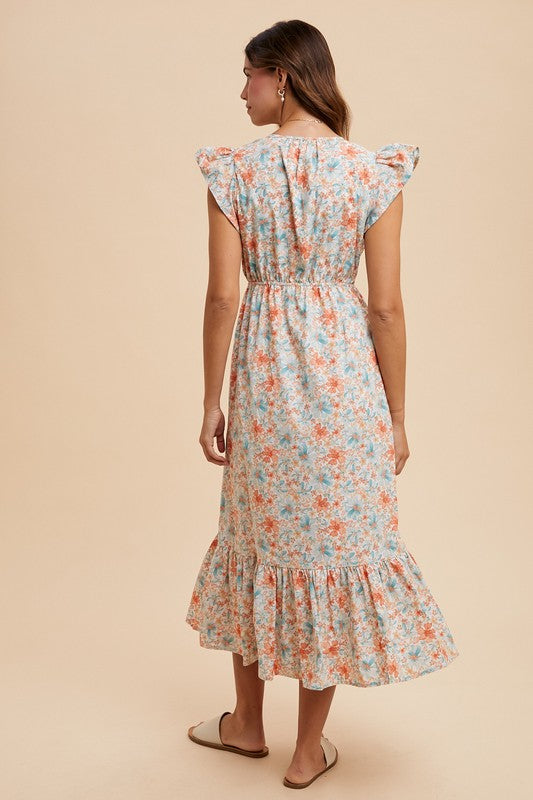 Water Color Flower Print Midi Dress