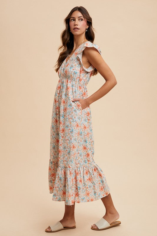 Water Color Flower Print Midi Dress