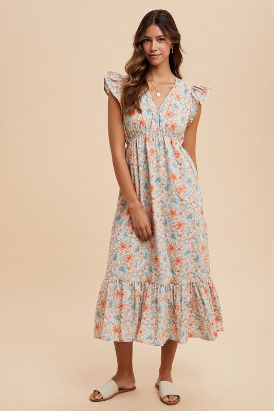 Water Color Flower Print Midi Dress