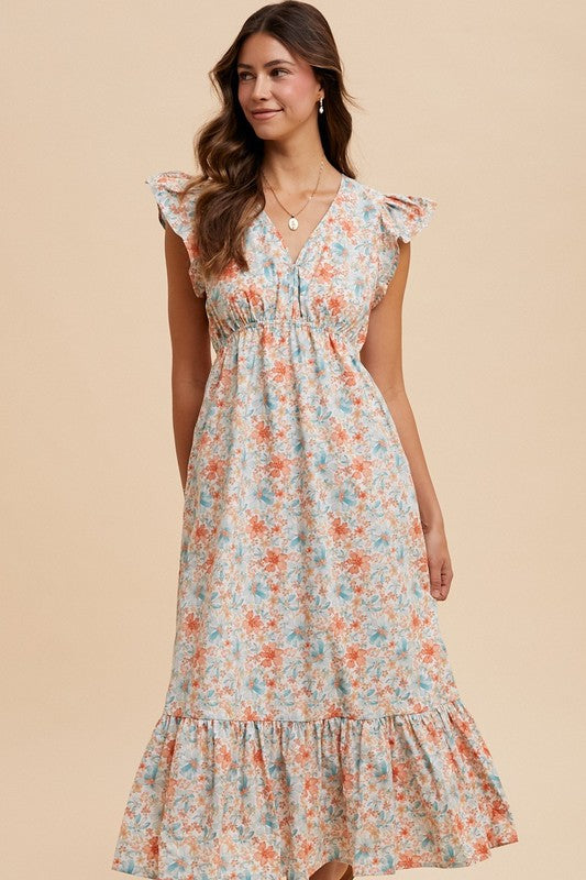 Water Color Flower Print Midi Dress