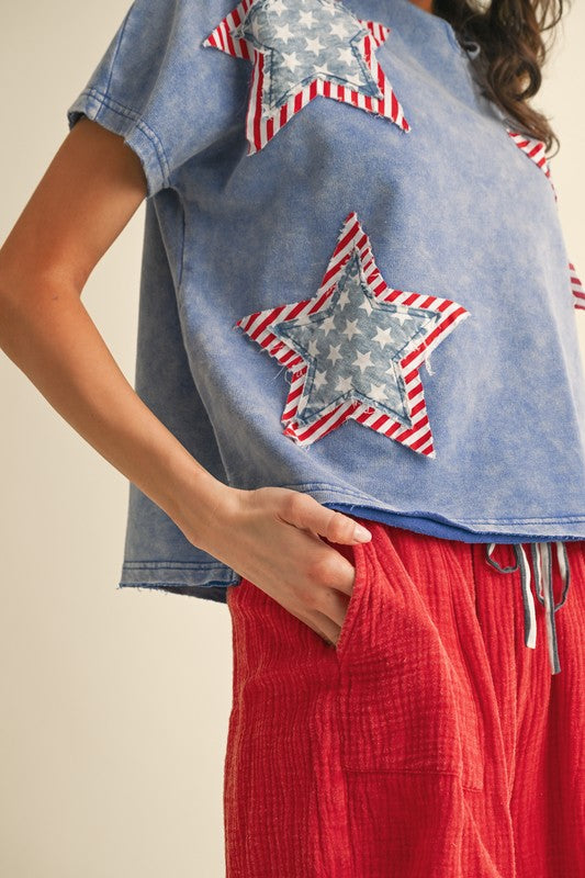 Mineral Washed Star Patched Knit Top
