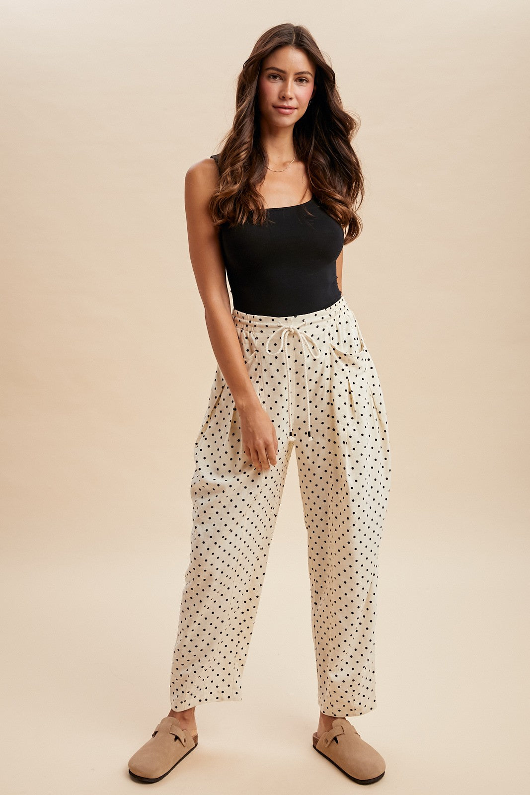 Linen Blend Polka Dot Barrel Leg Pants