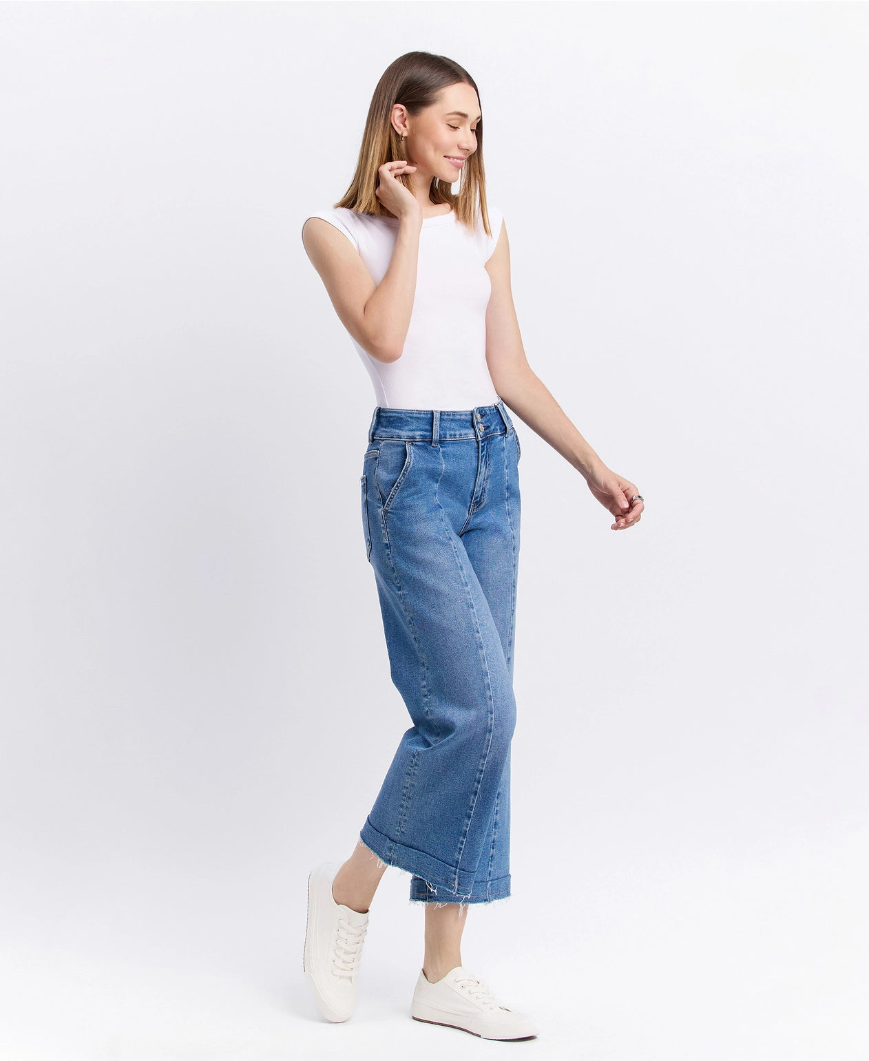 High Rise Two Buttons Trouser Hem Wide Jeans