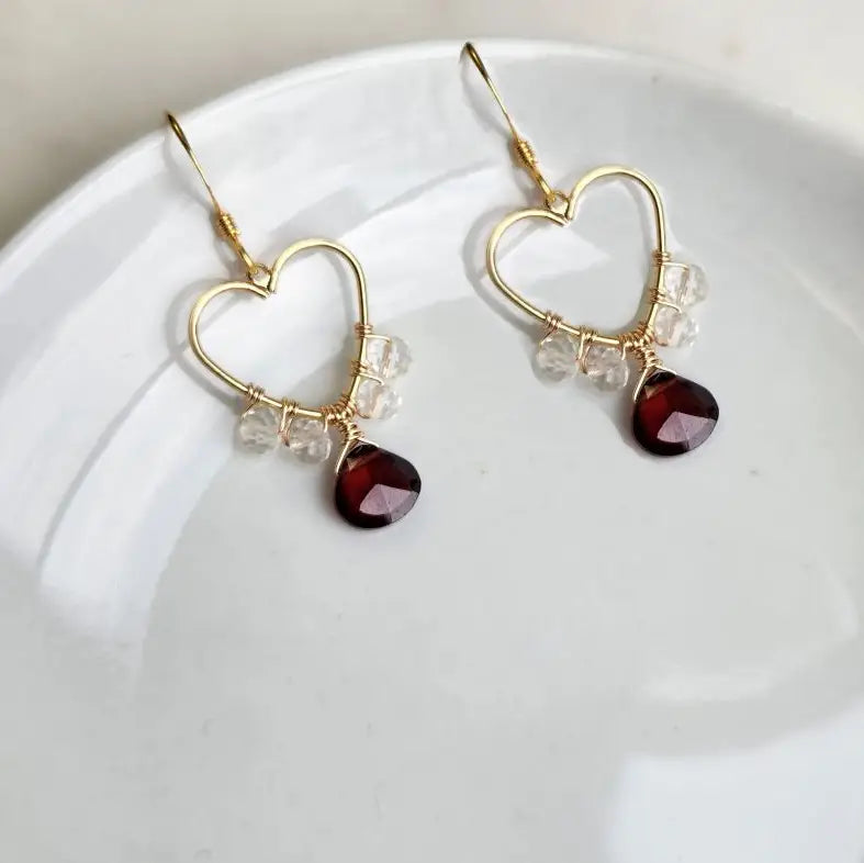 Garnet and Quartz Wrapped Heart Earrings