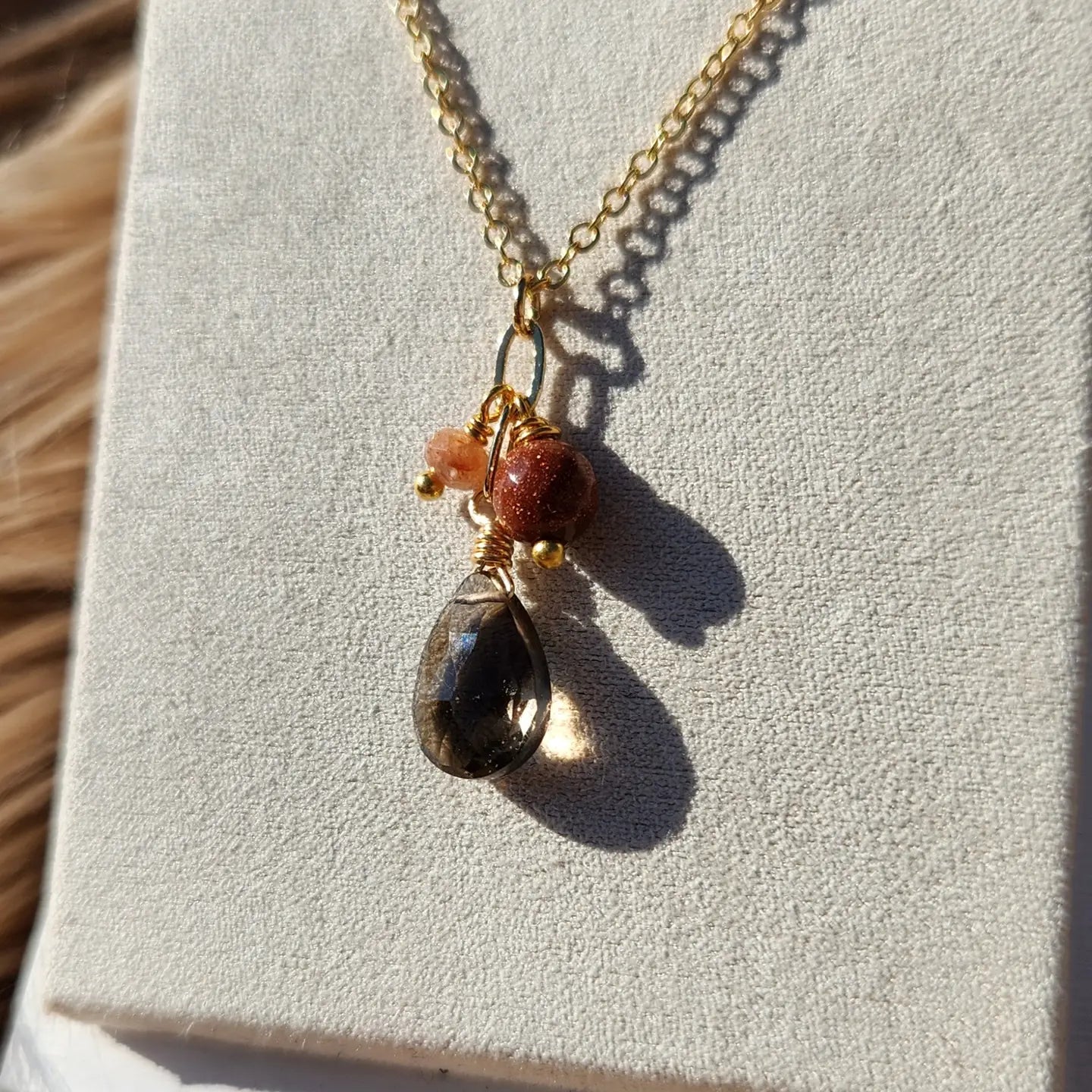 Smoky Quartz, Goldstone and Sunstone Gold Cluster Necklace