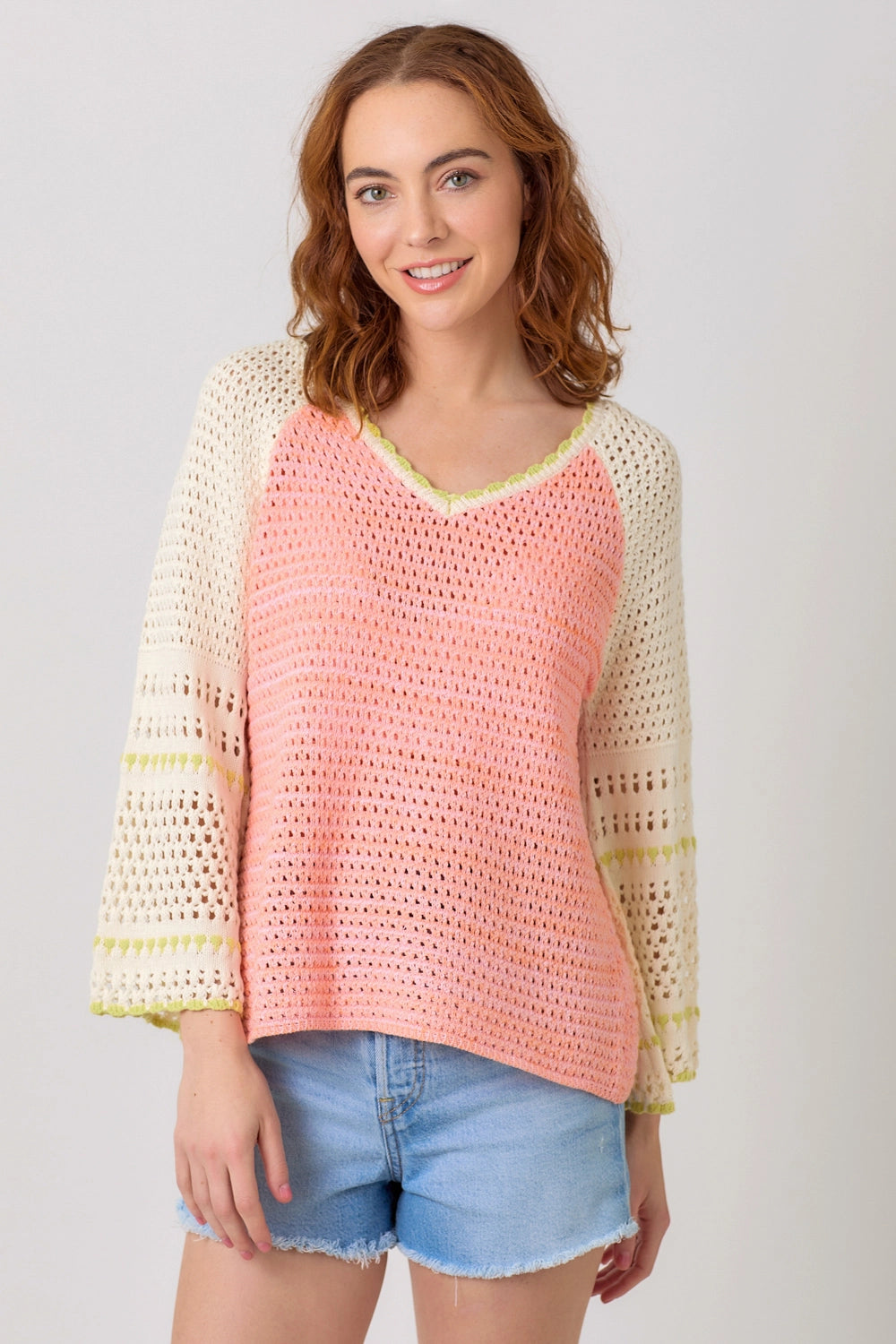 Raglan Sleeve Crochet Sweater - Red