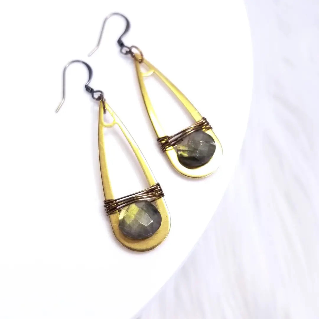 Labradorite Wire Wrapped Elongated Teardrop Earrings