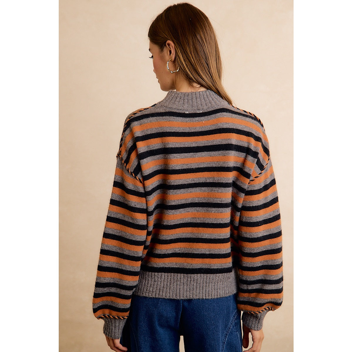 Halloween Striped Mock Neck Pocket Sweater