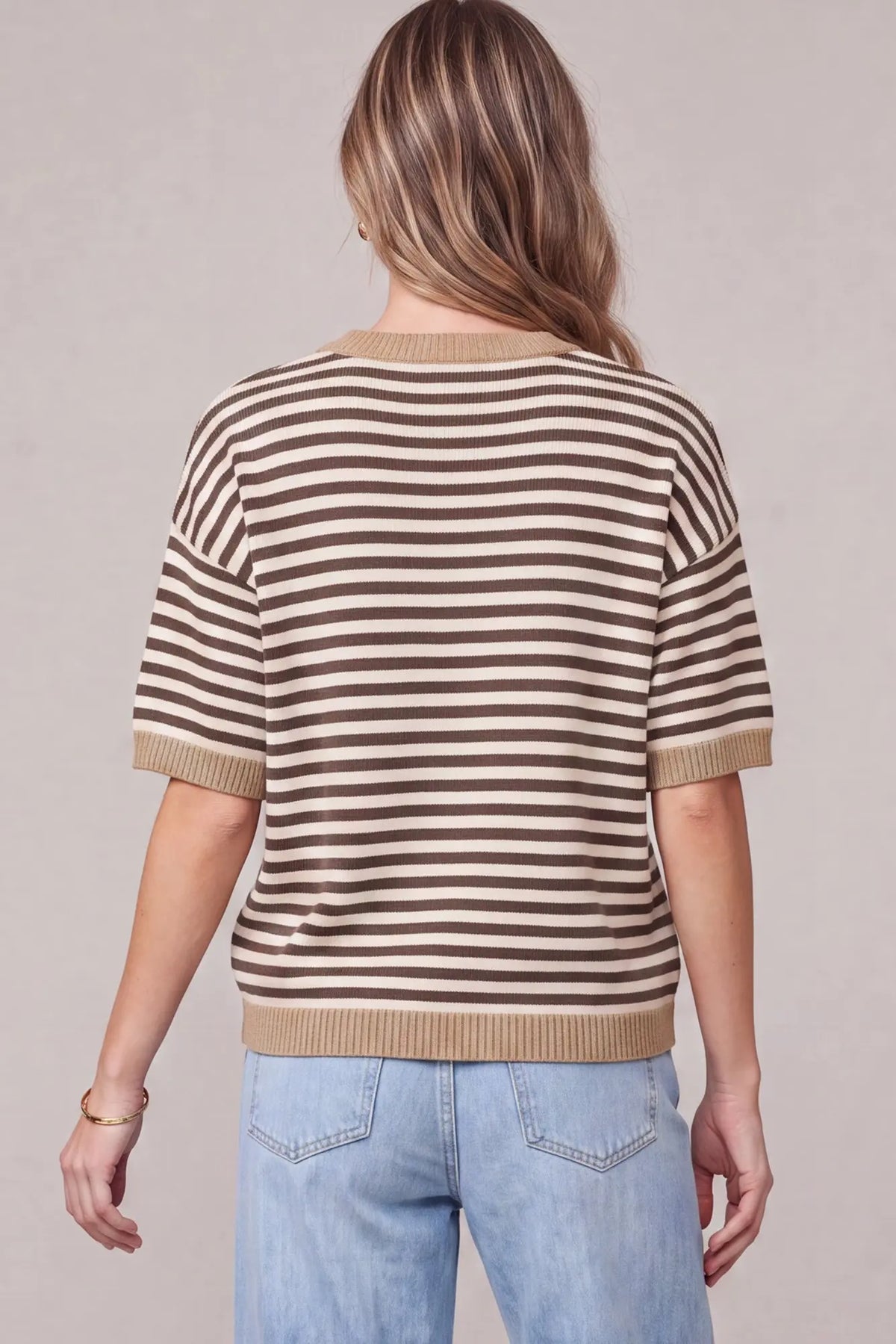 Striped Rib Knot Top - Brown/Cream