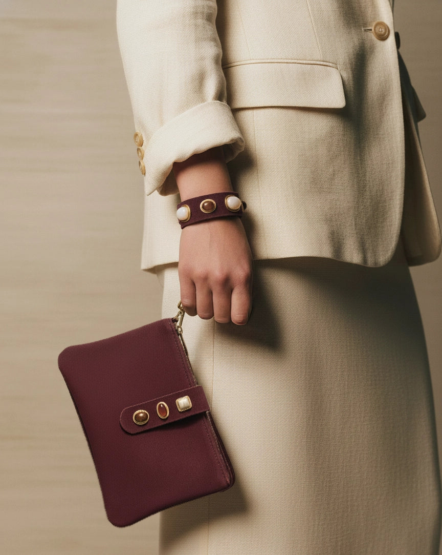 Gemstone Suede Wristlet Pouch & Keychain - Burgundy