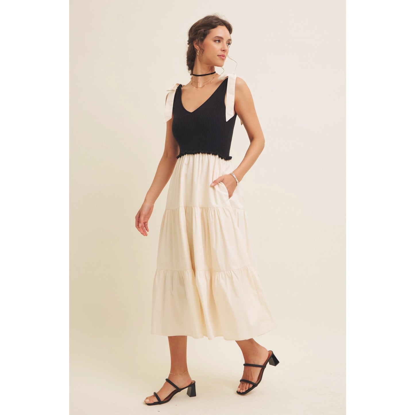 Mixed Media Rib Sweater Tiered Midi Dress
