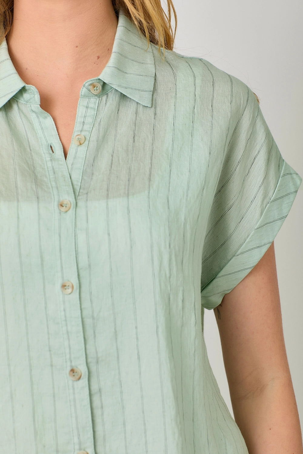 Rolled Up Sleeve Stripe Top - Seafoam