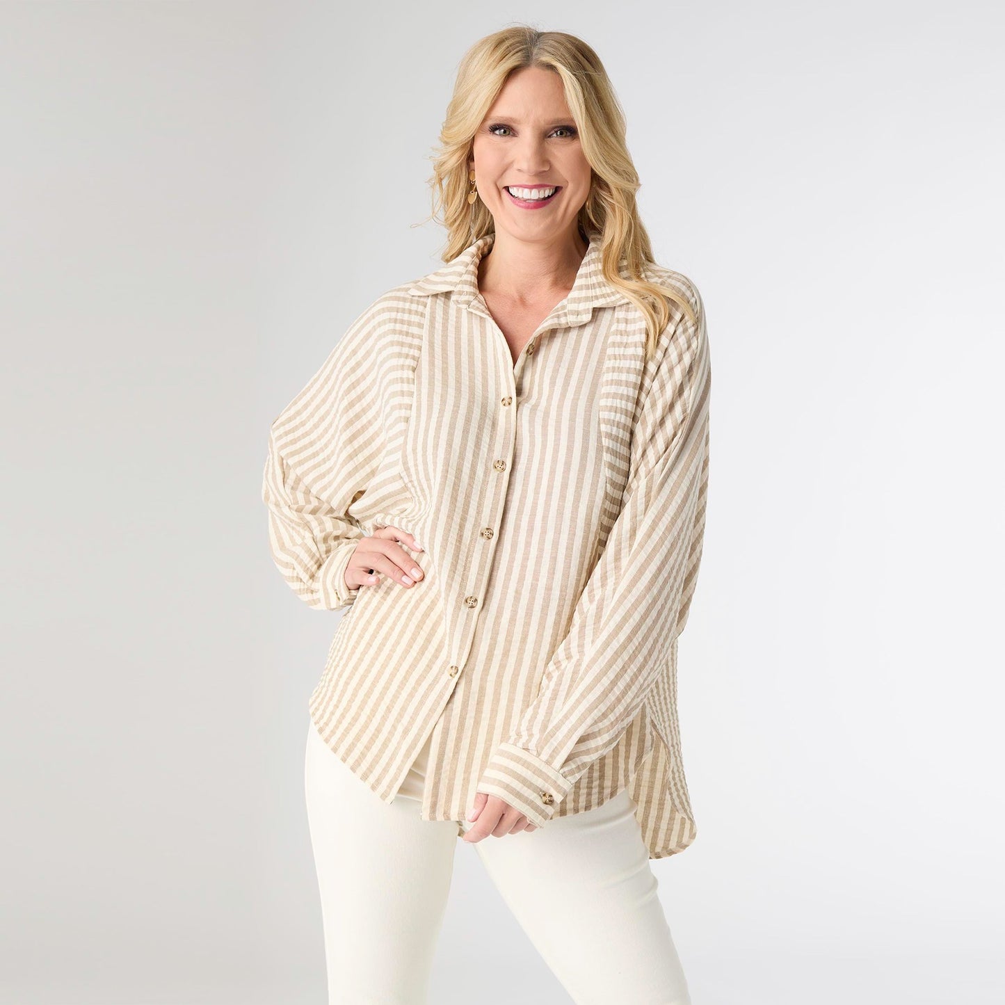 Kathy Relaxed Button Down Top - Tan