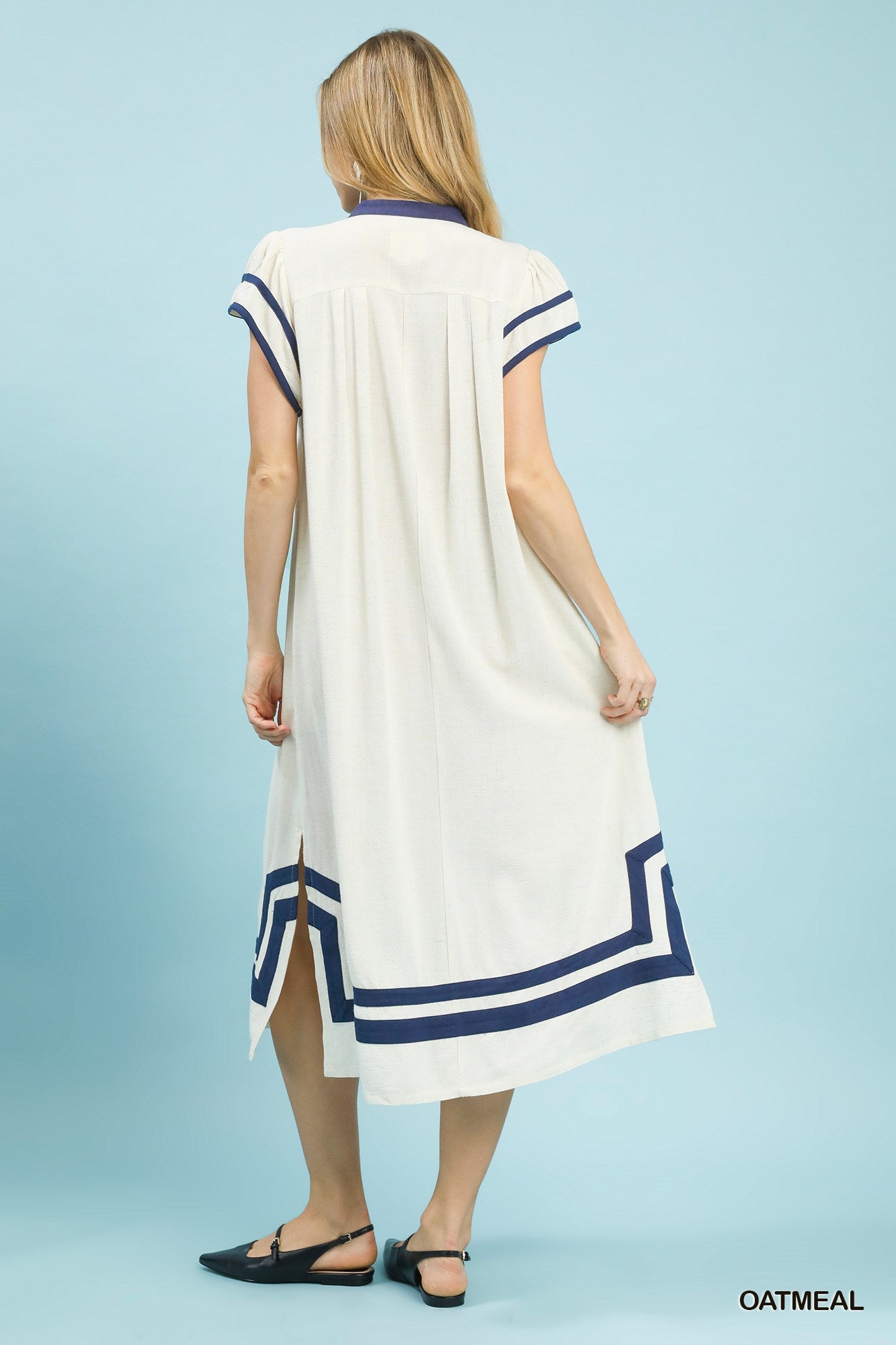 Linen Cotton Contrast Neckline Midi Dress
