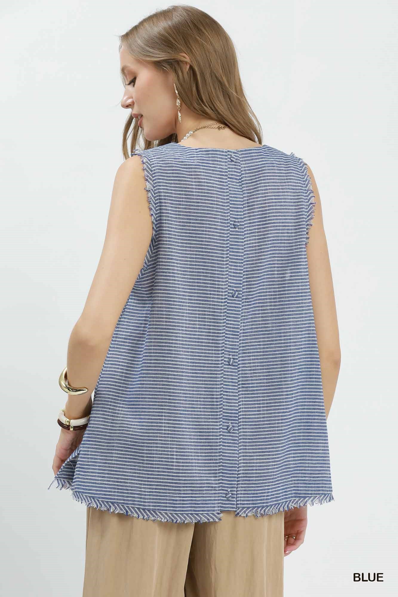 Striped Frayed Tank - Navy