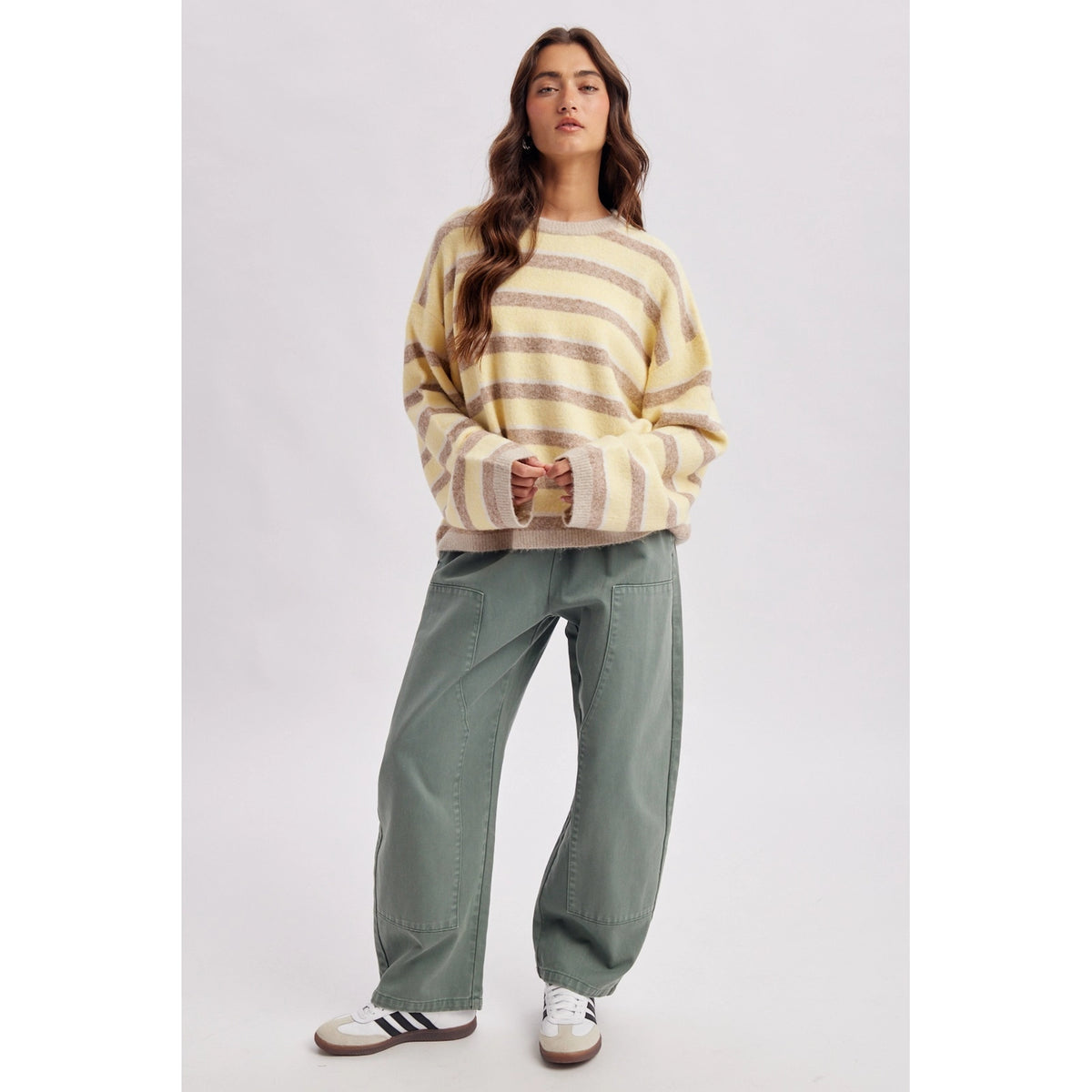 Oversized Multi Striped Crew Neck Knit Sweater