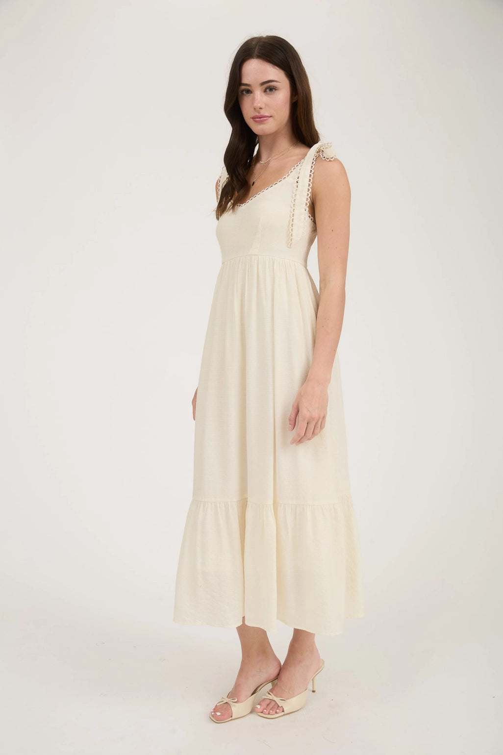 Scallop Eyelet Trim Tie Strap Midi Dress - White