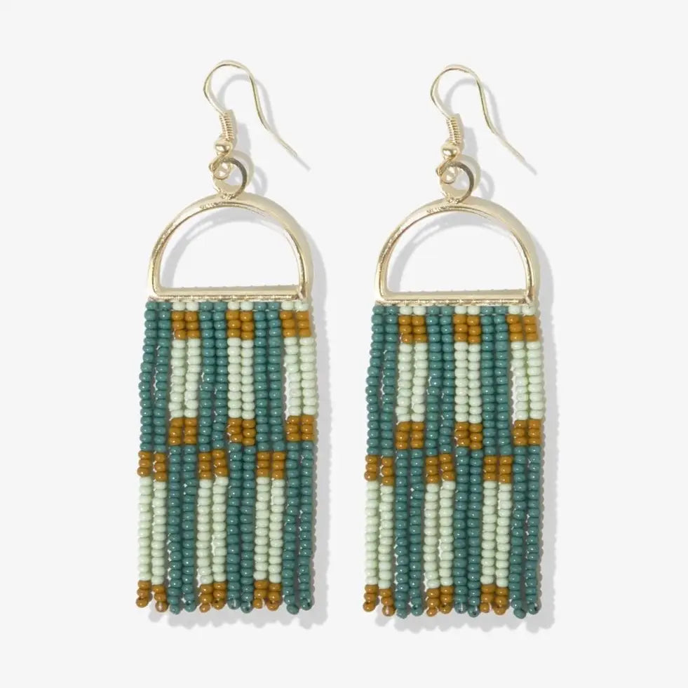 Allison Check Stripe Beaded Fringe Earrings Green