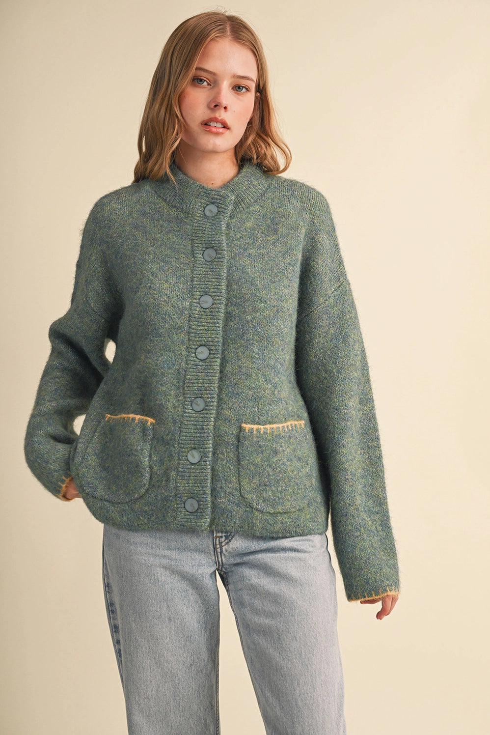 Blanket Stitch Button Down Sweater Cardigan