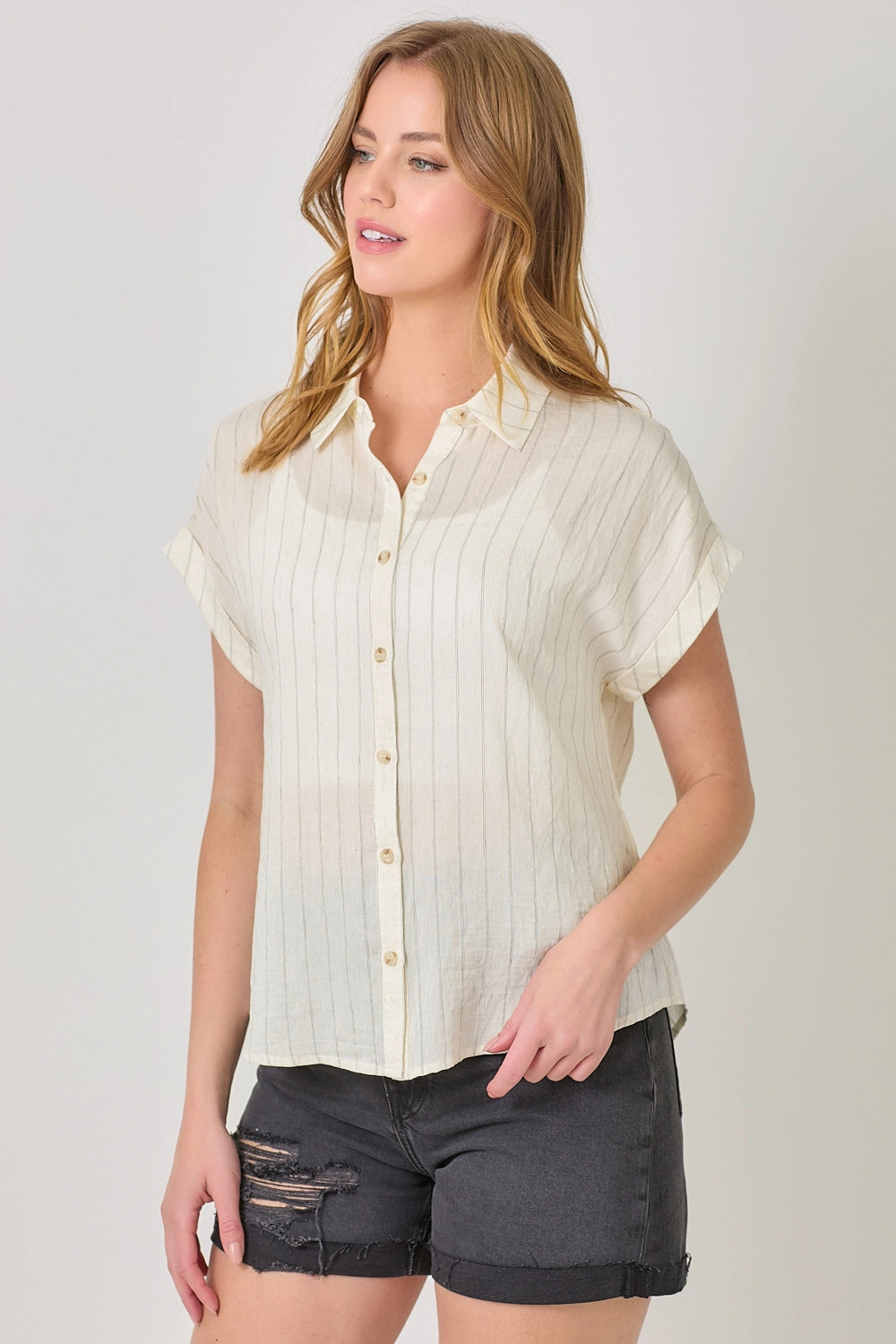 Rolled Up Sleeve Stripe Top - Ivory