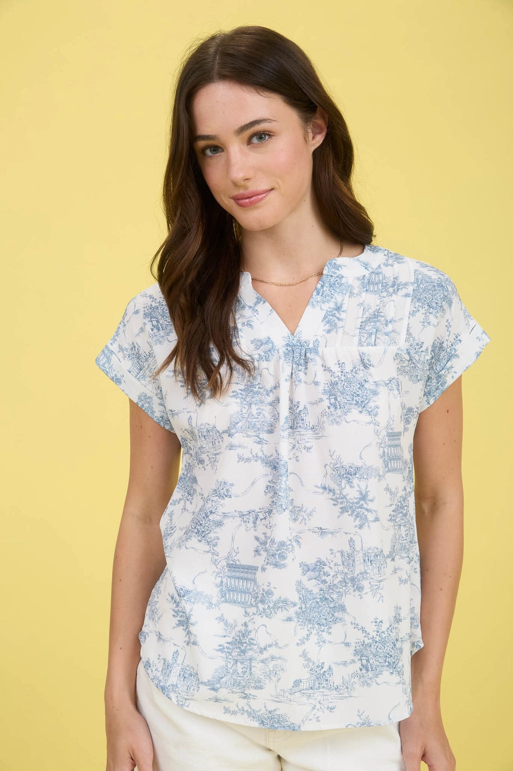 Toile Print Yoke Detail Short Sleeve Top