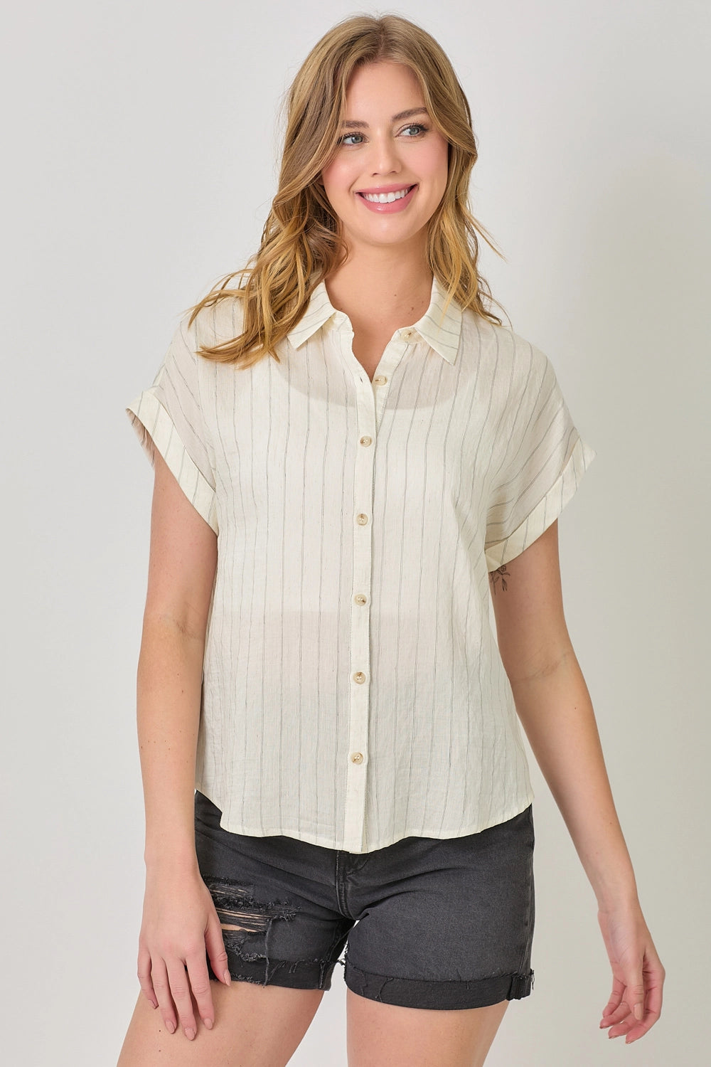Rolled Up Sleeve Stripe Top - Ivory