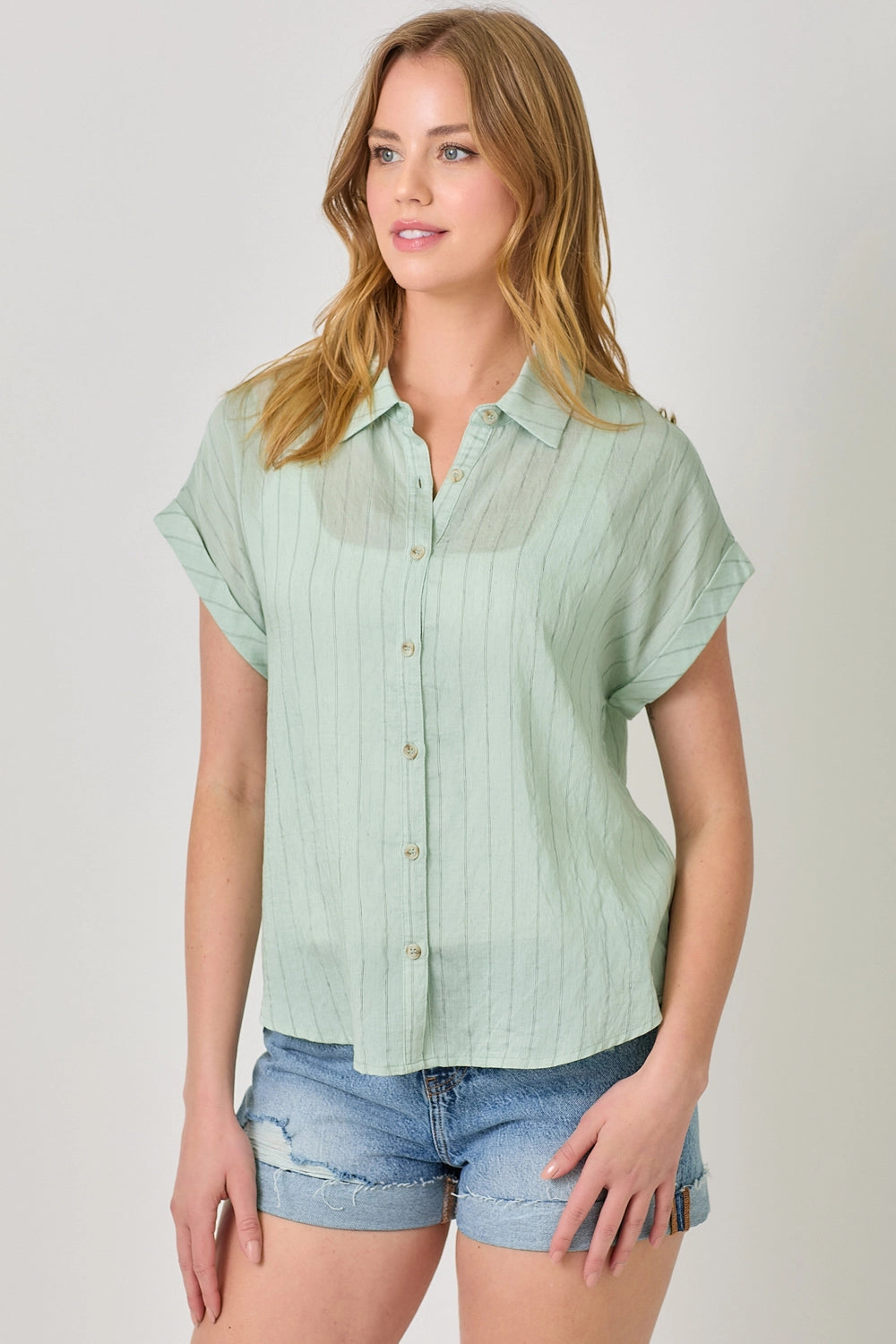 Rolled Up Sleeve Stripe Top - Seafoam