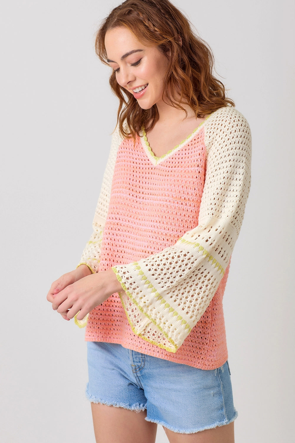 Raglan Sleeve Crochet Sweater - Red