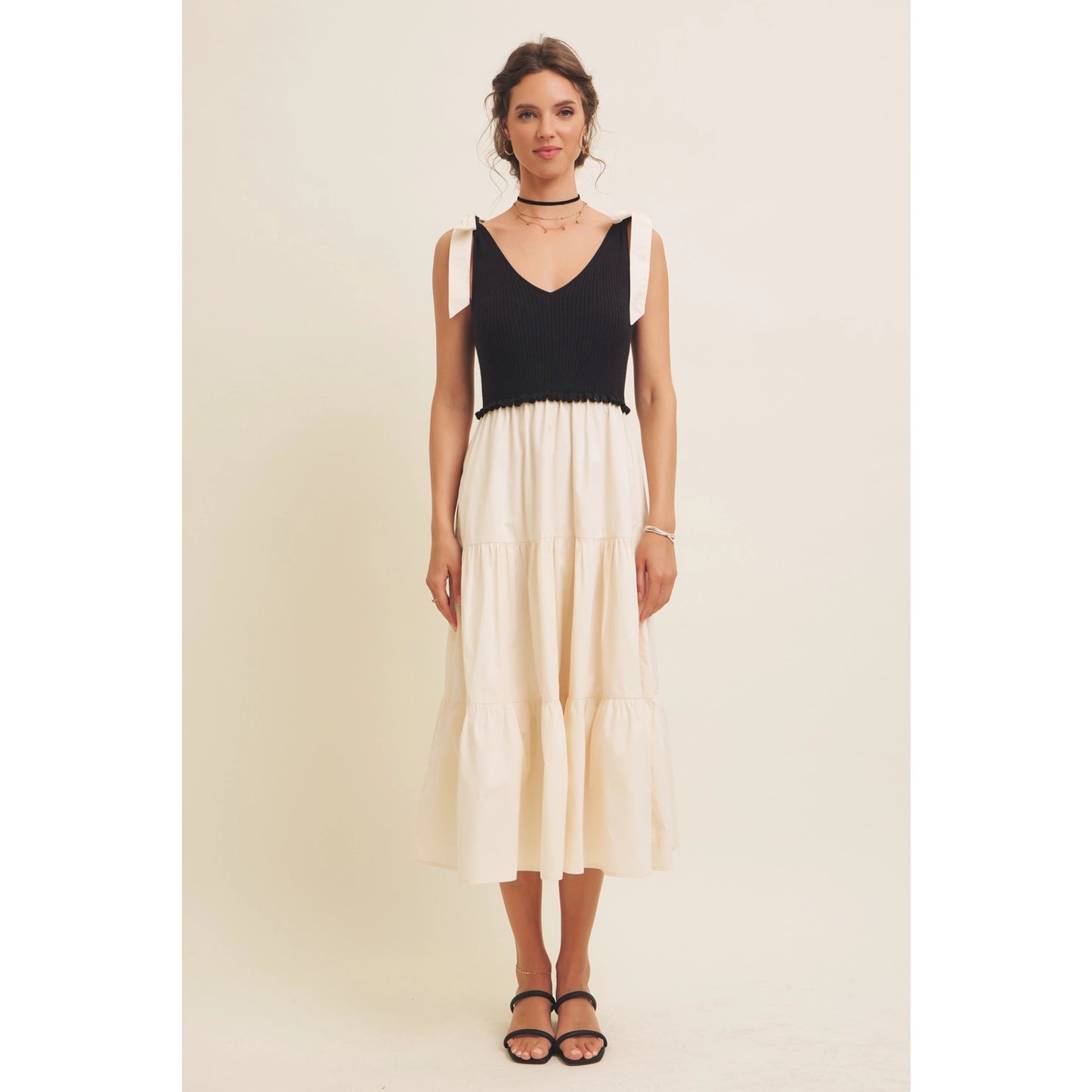 Mixed Media Rib Sweater Tiered Midi Dress