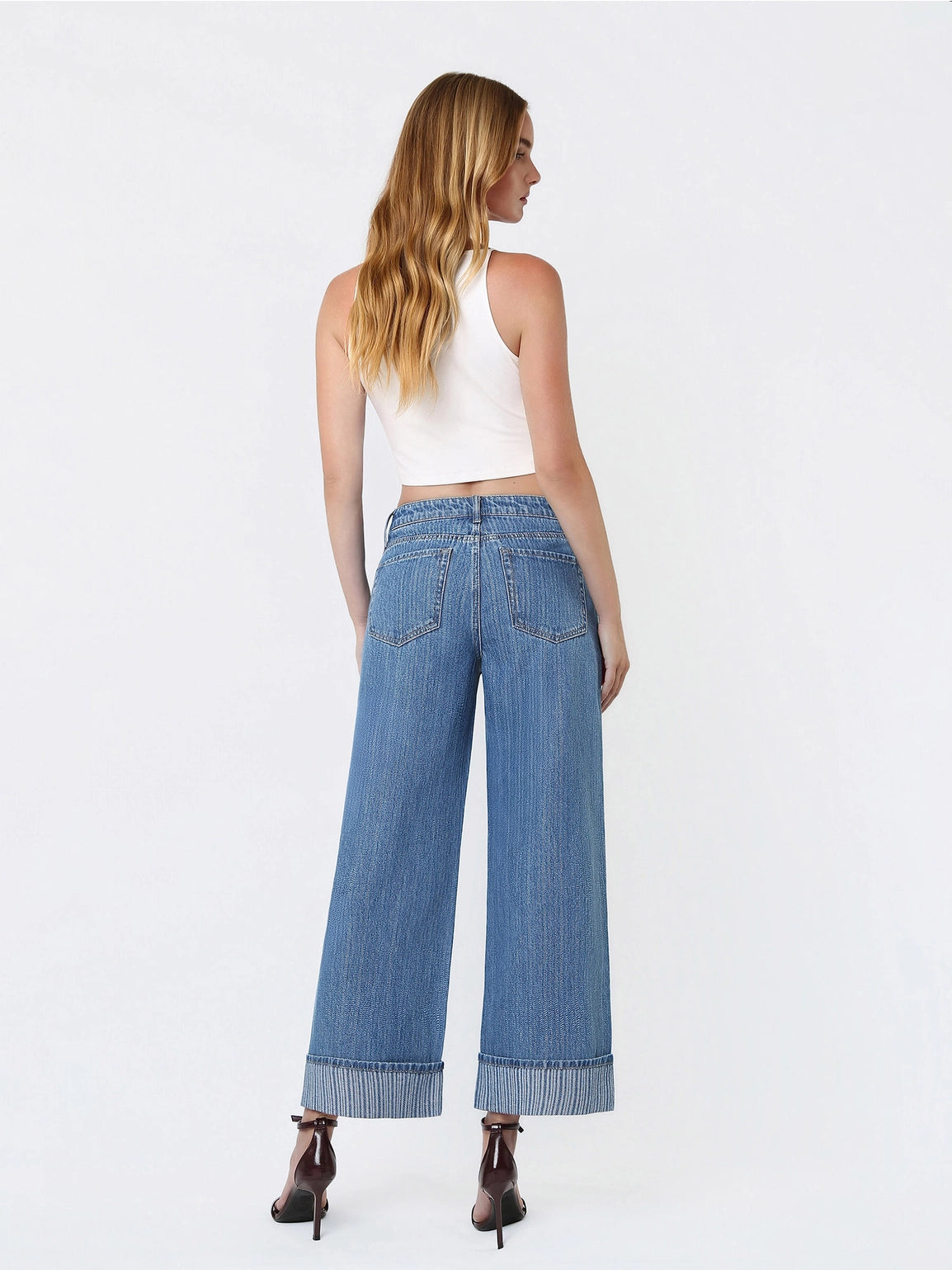 High Rise Cuffed Jacquard Stripe Crop Wide Jeans