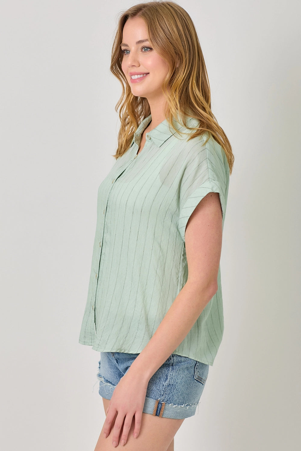 Rolled Up Sleeve Stripe Top - Seafoam