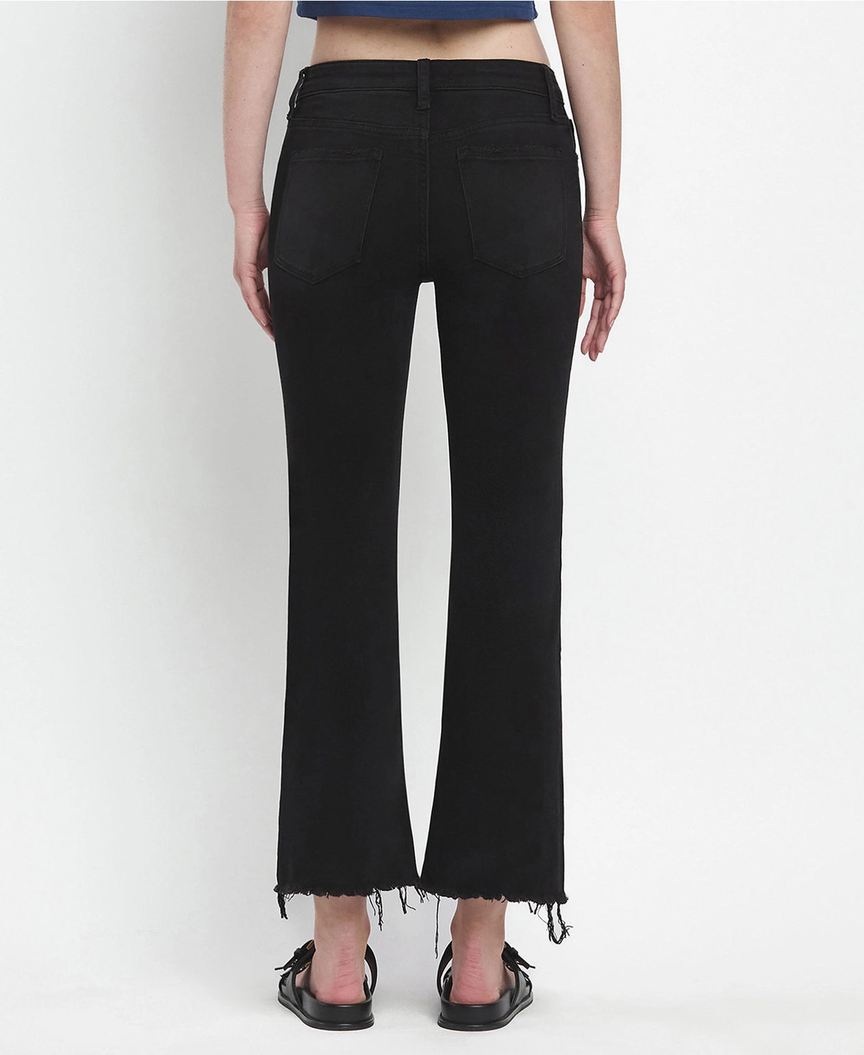 Mid Rise Raw Distressed Hem Crop Flare Jeans