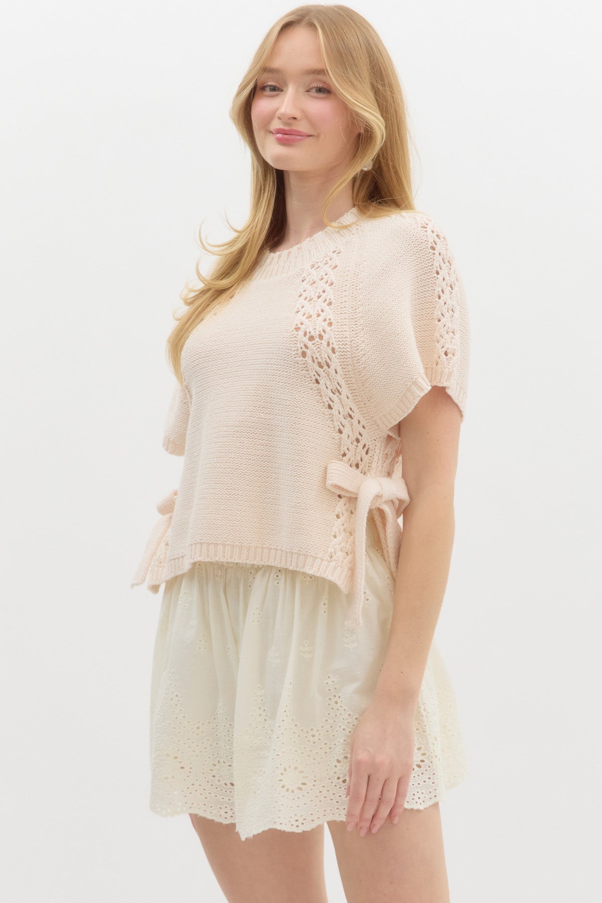 Solid Knit Short Sleeve Top - Ecru