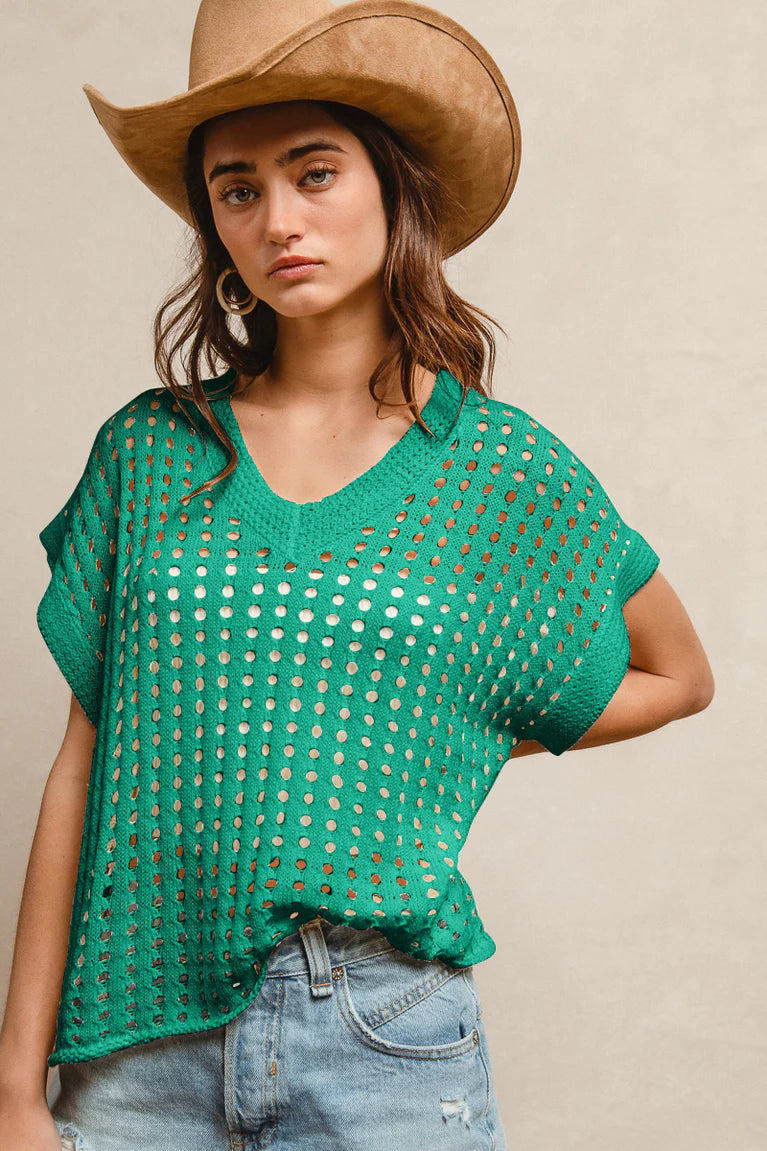 Low Gauge Round Neck Sweater Top - Emerald