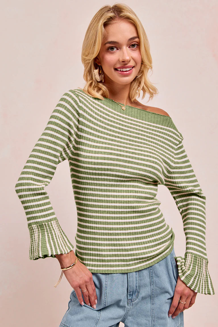 Rib Knit Striped Top - Olive