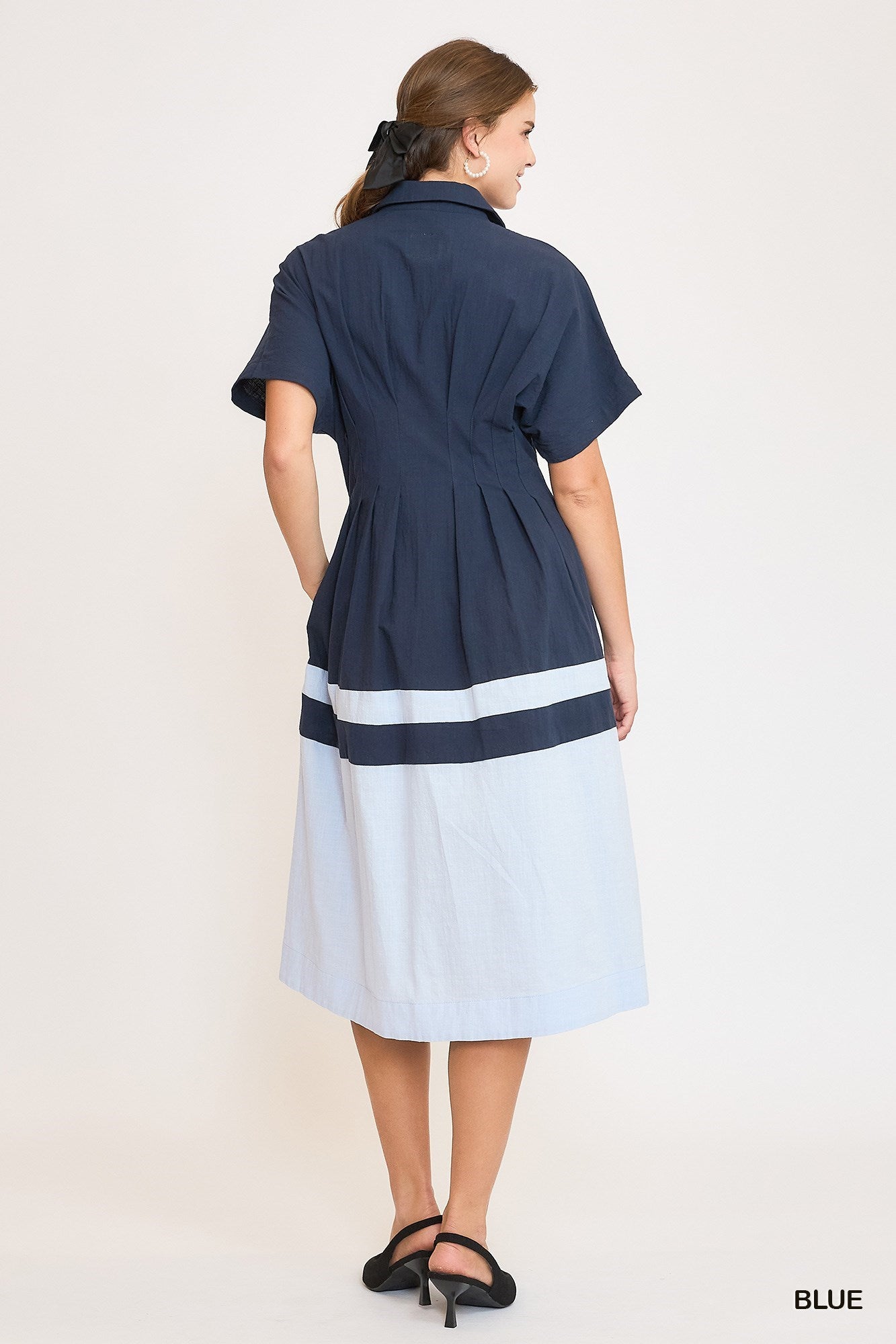 Colorblocked Midi Dress with Pleated Details