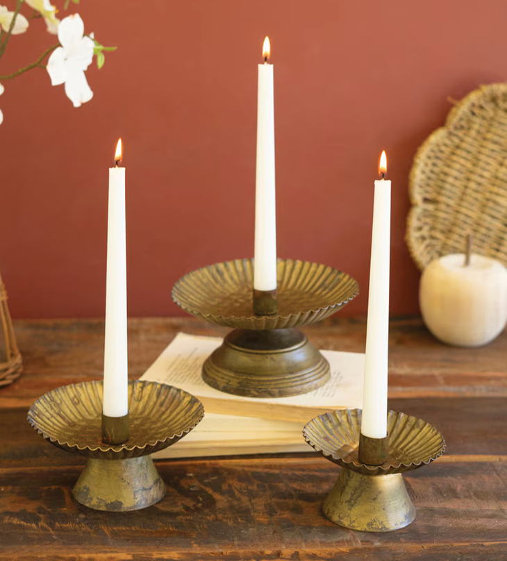 Antique Gold Taper Candle Holders With Fluted Bases