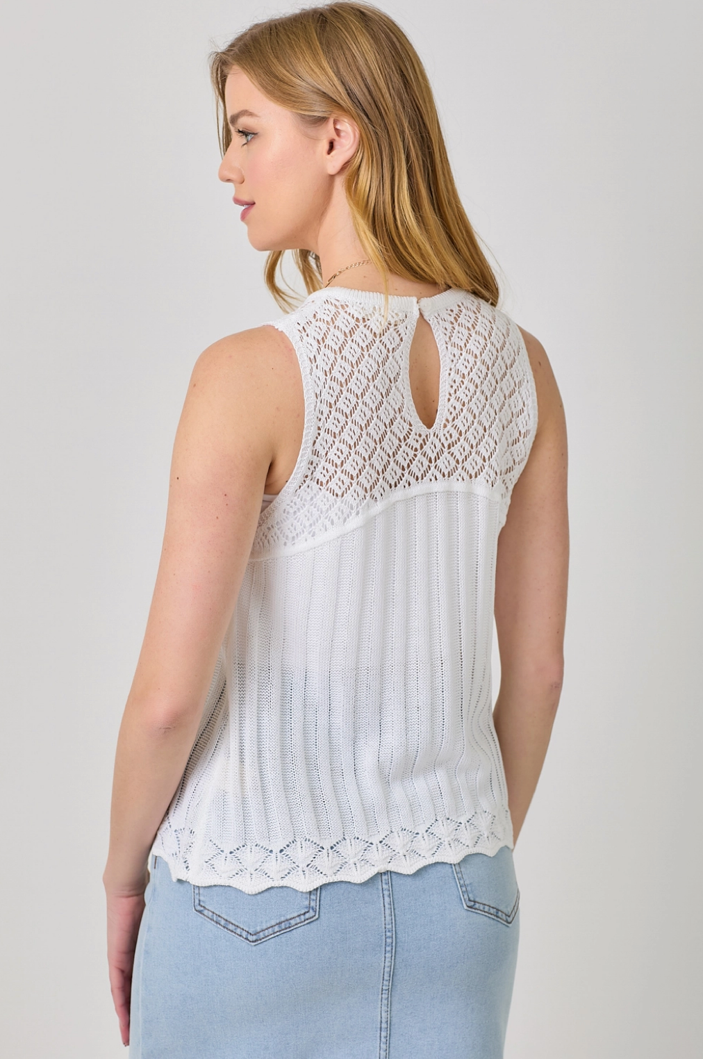 Crochet Yoke Sleeveless Sweater Top - White