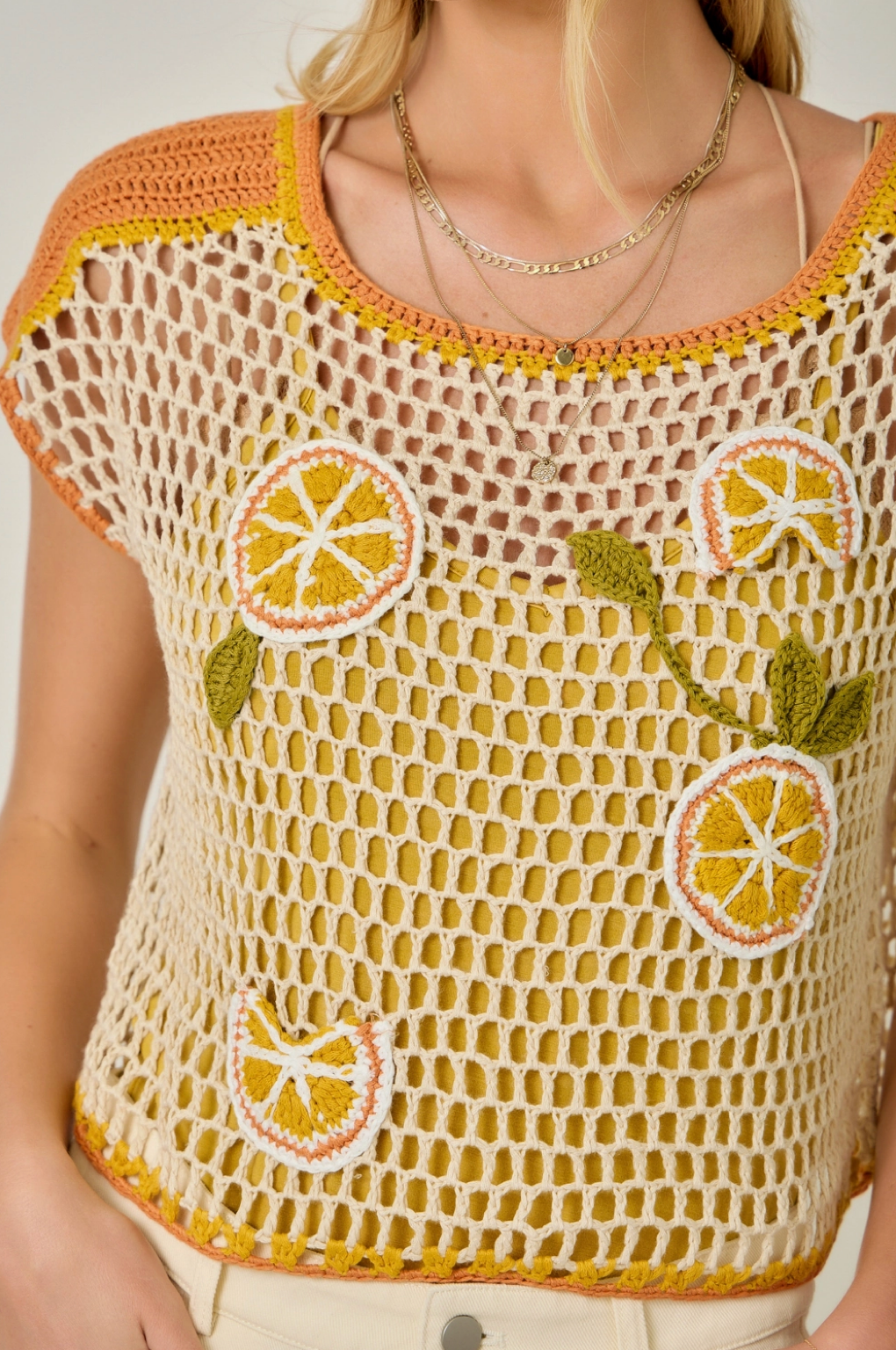 Fruit Embroidered Crochet Top - Orange