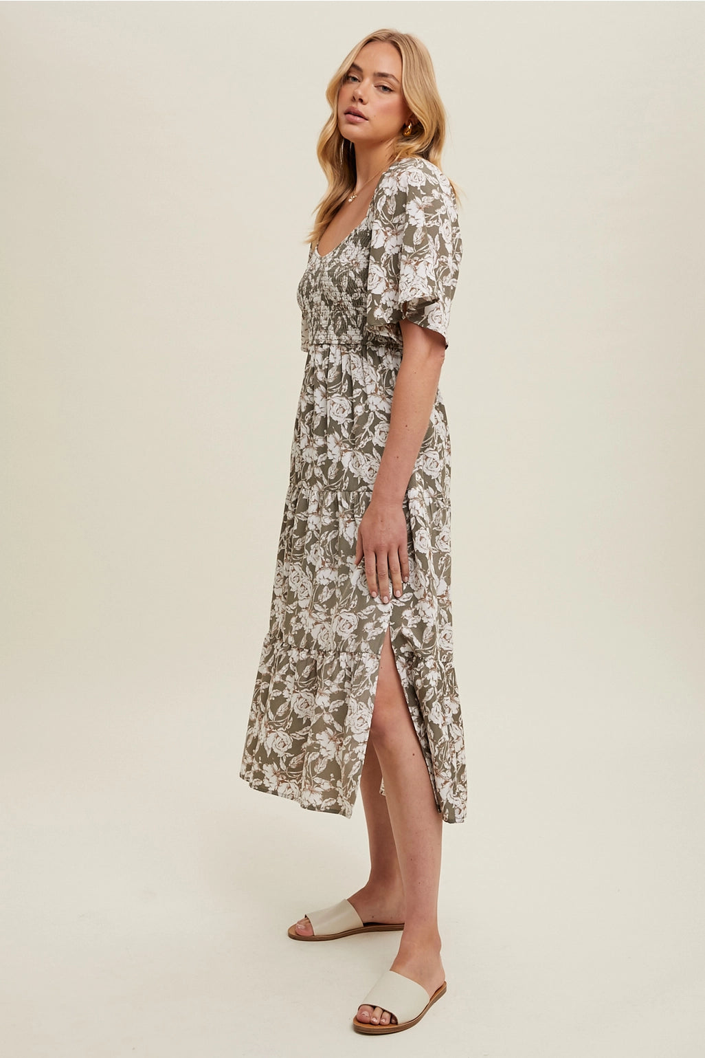 Floral Flutter Sleeve Midi Dress with Slit