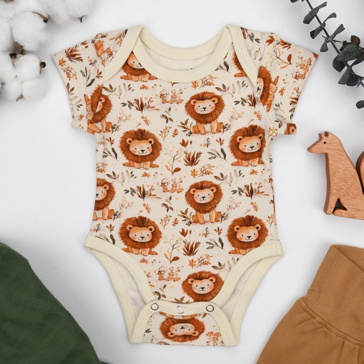 Organic Cotton Short Sleeve Baby Bodysuit - Lion