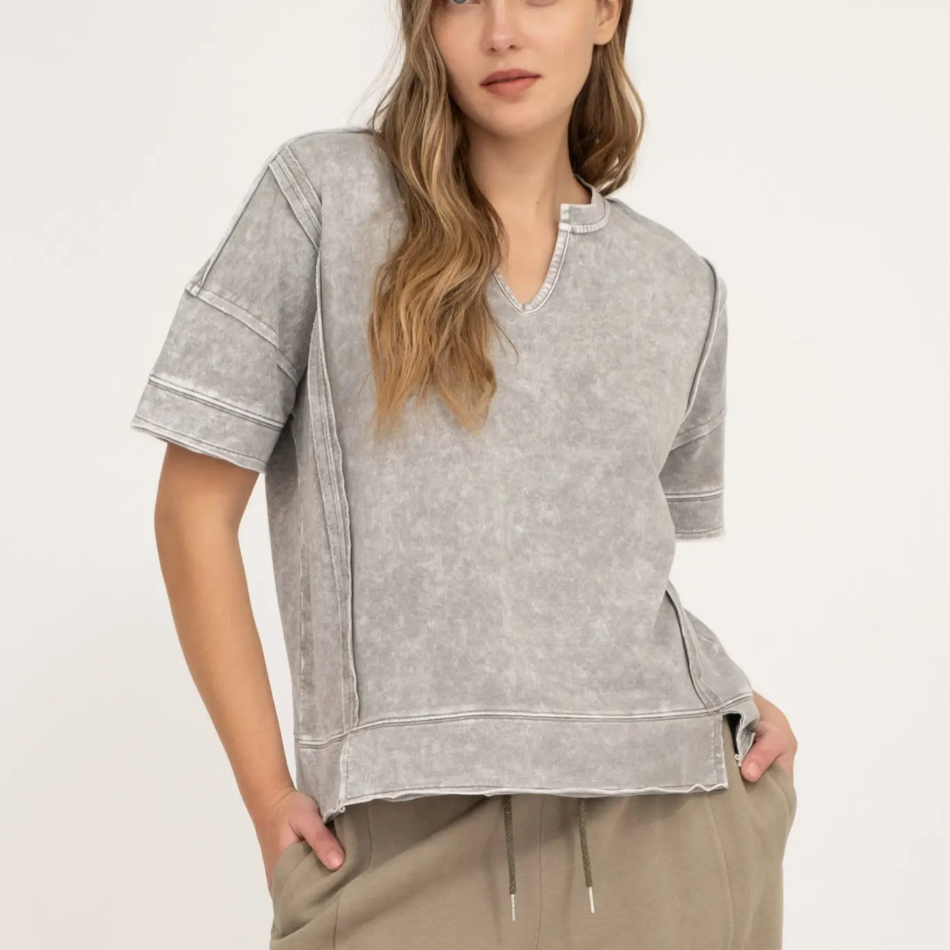 Washed Split Neck Patchwork Short Sleeve