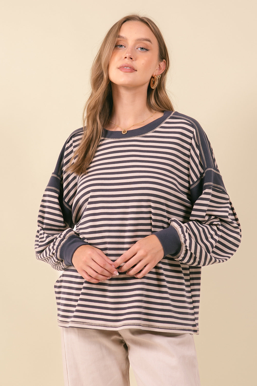 Drop Shoulder Puff Striped Oversized Top