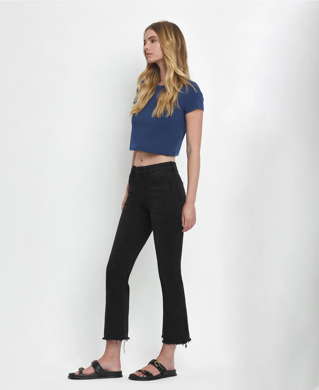 Mid Rise Raw Distressed Hem Crop Flare Jeans