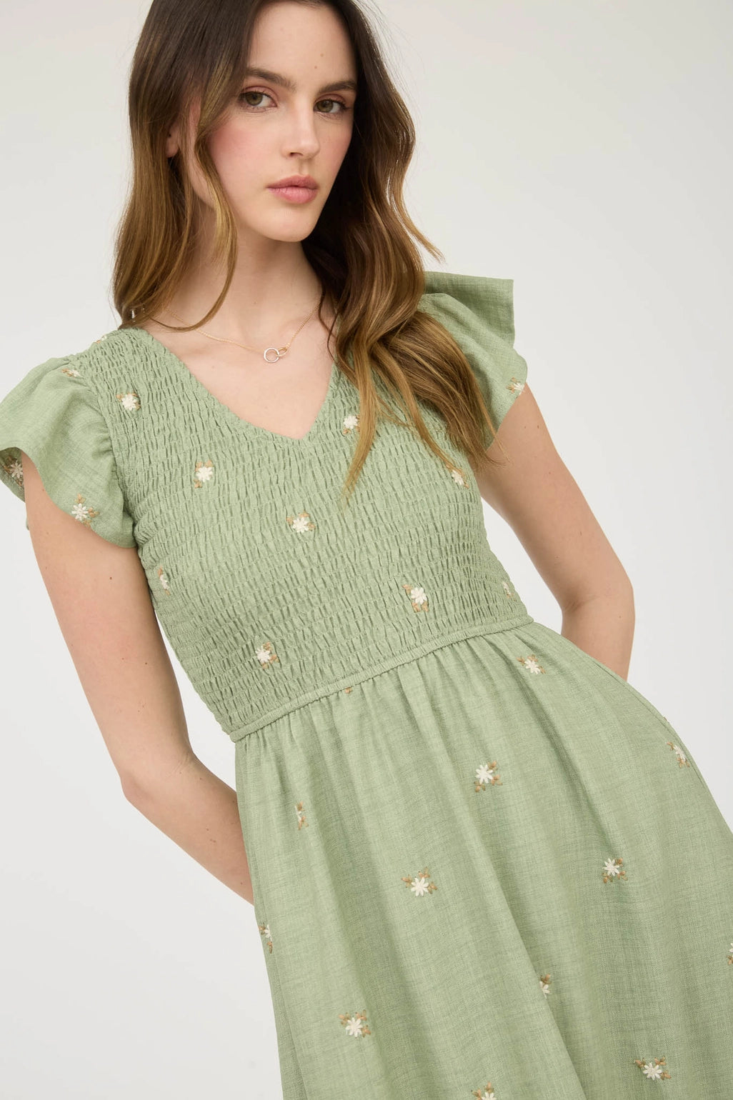 Embroidered Flower Smocked Ruffle Midi Dress